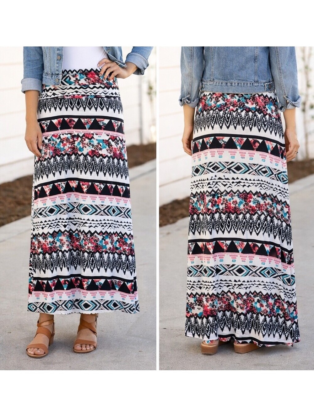 American Rag Cie Maxi Skirt WMN M Boho Aztec Floral Stretch Pull On Made In USA